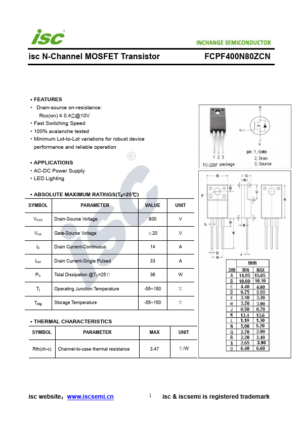 FCPF400N80ZCN