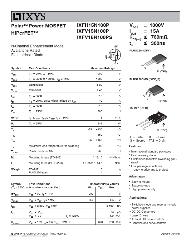 IXFH15N100P