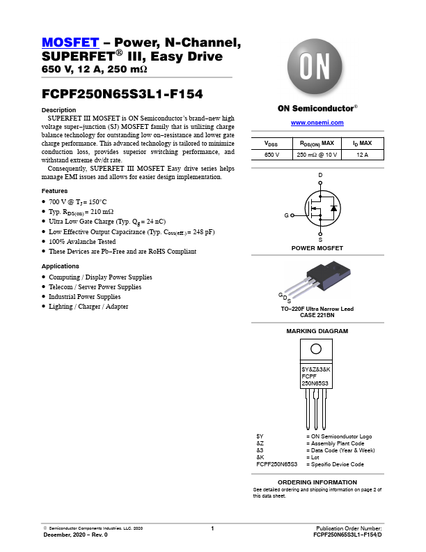 FCPF250N65S3L1-F154