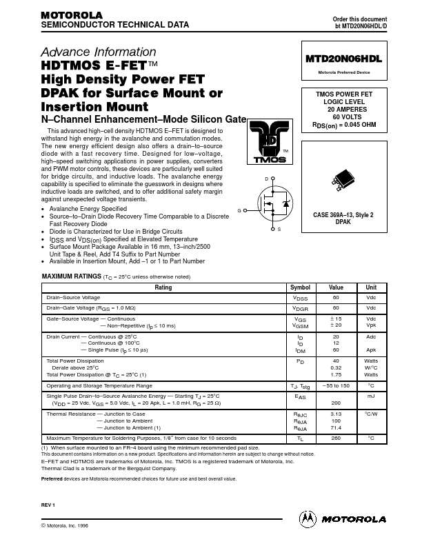 MTD20N06HDL