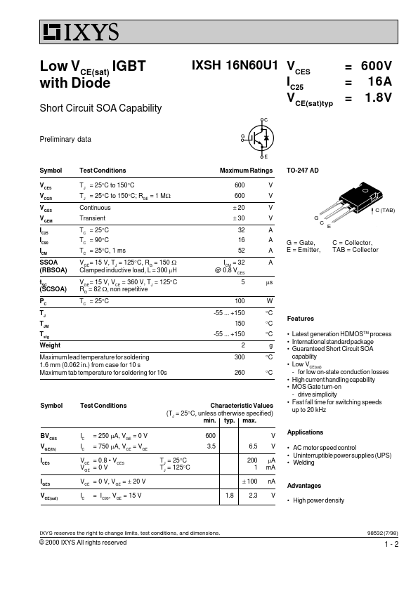 IXSH16N60U1