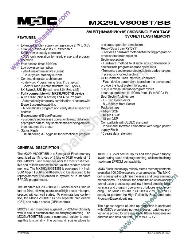 MX29LV800BB Datasheet - 8M-Bit CMOS Single Voltage 3V Only Flash Memory