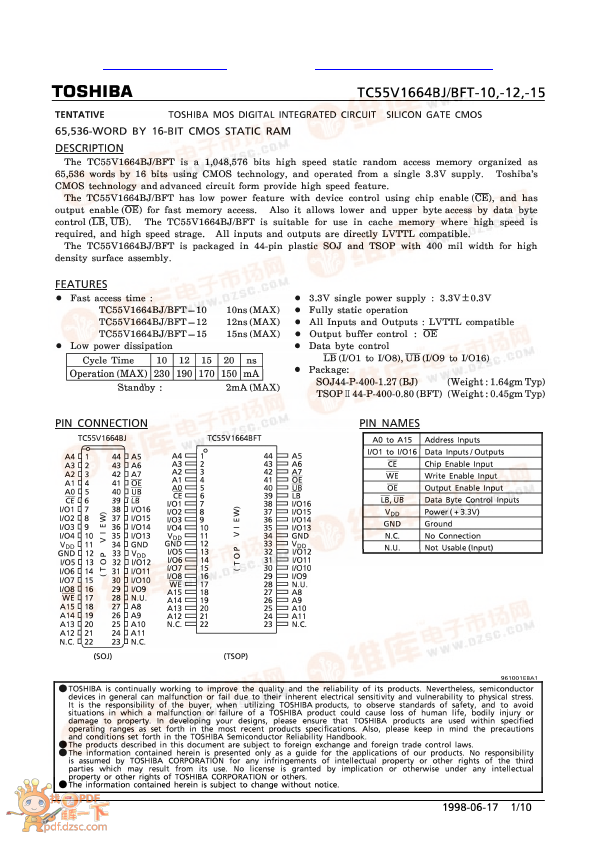 TC55V16648BJ-10