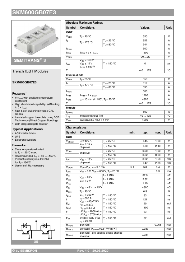 SKM600GB07E3