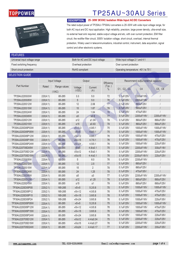 TP30AU220D05P15W Datasheet PDF - 25~30W 3KVAC Isolation Wide Input AC ...