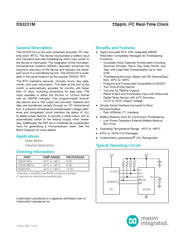 DS3231M Maxim Integrated Clock, Hoja de datos, Ficha técnica ...