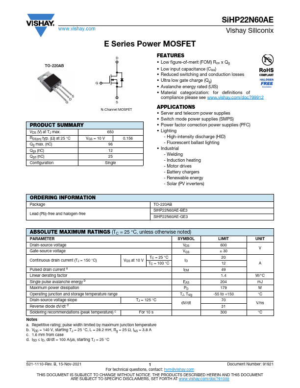 SiHP22N60AE