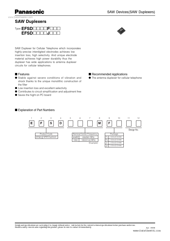 EFSD836MJ2, SAW Duplexers - semiconductors datasheet