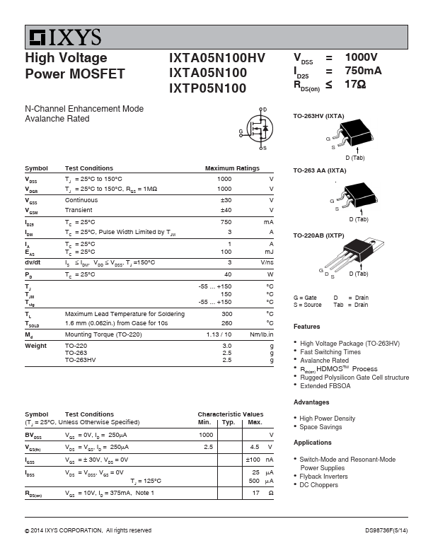 IXTA05N100HV