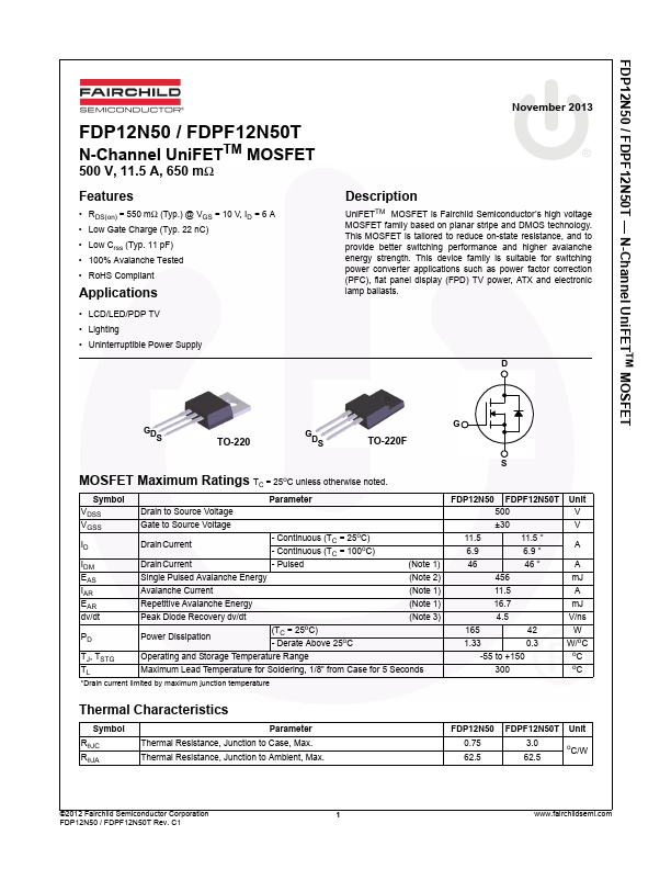 FDPF12N50T