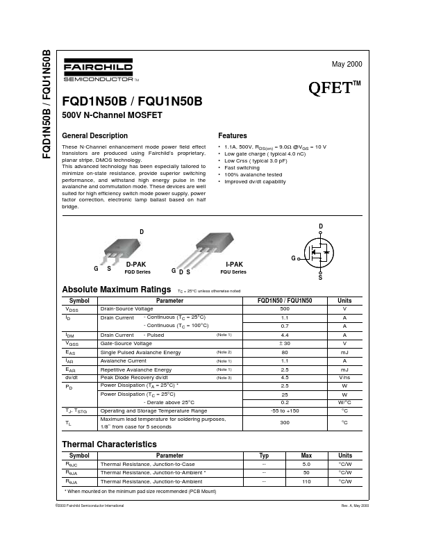 FQD1N50B