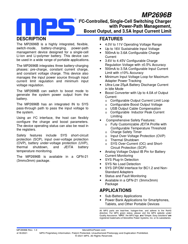 Mp2696b Datasheet Single Cell Switching Charger