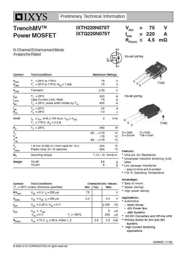 IXTH220N075T