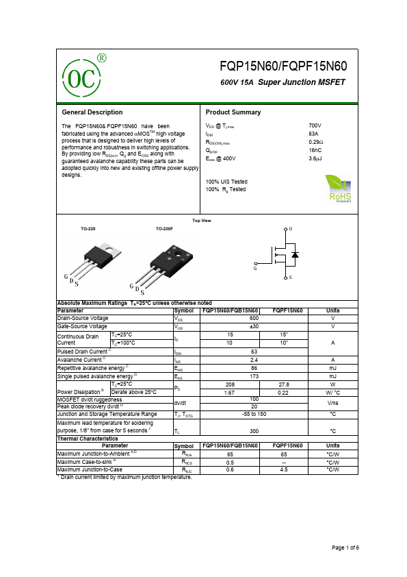 FQPF15N60