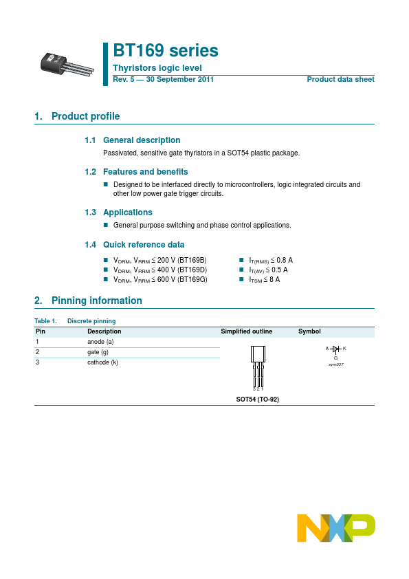 BT169 NXP Thyristor, Hoja de datos, Ficha técnica, Distribuidor ...