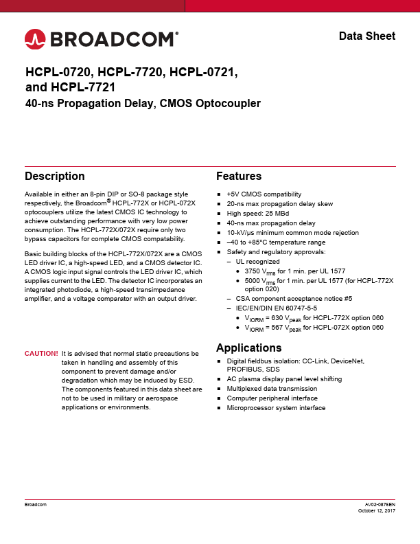 HCPL7721 Datasheet PDF CMOS Optocoupler