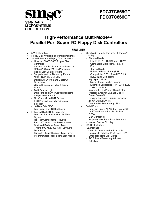 FDC37C666GT Datasheet Parallel Port Super I/O Floppy Disk Controllers