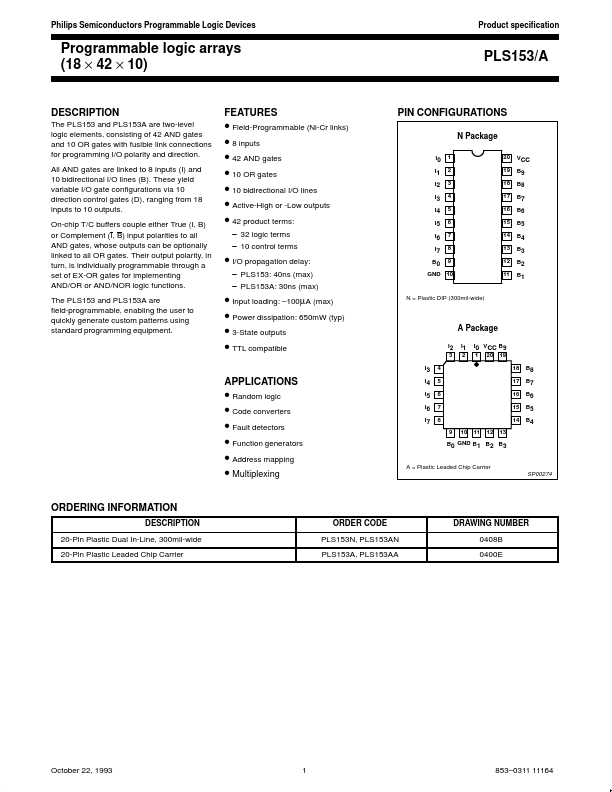 Pls153a Datasheet Pdf Programmable Logic Arrays 18 × 42 × 10