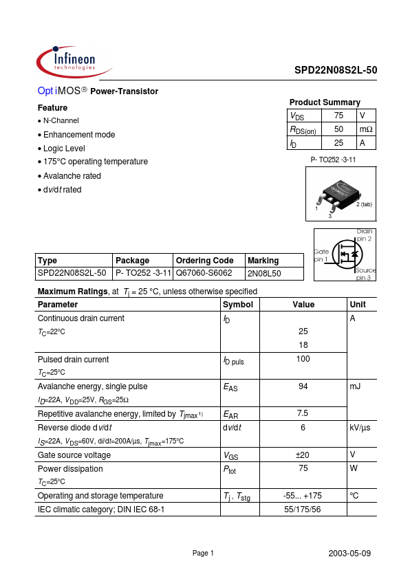 SPD22N08S2L-50