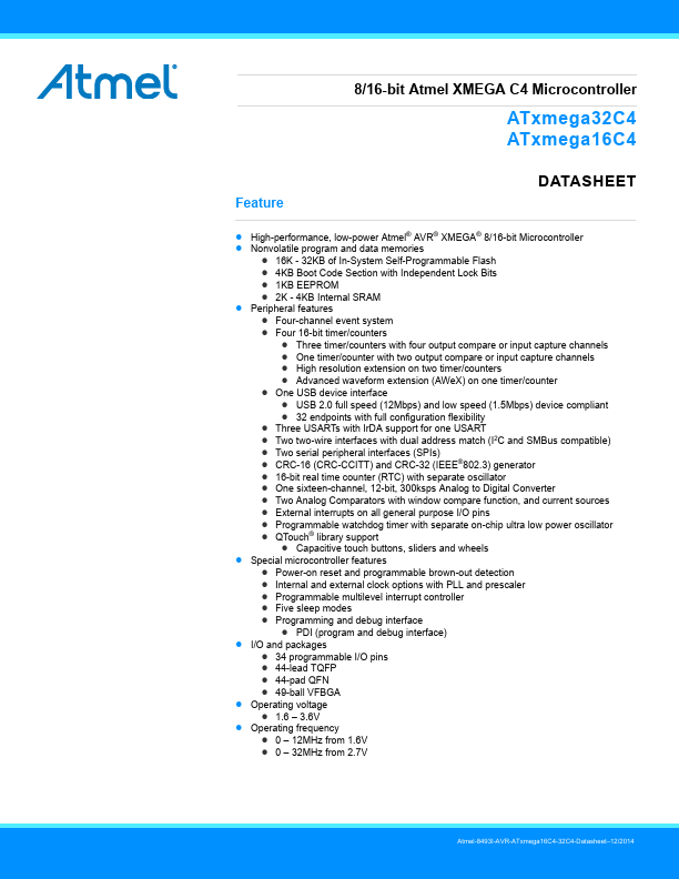 Atxmega16c4 Datasheet 816 Bit Atmel Xmega C4 Microcontroller 2420