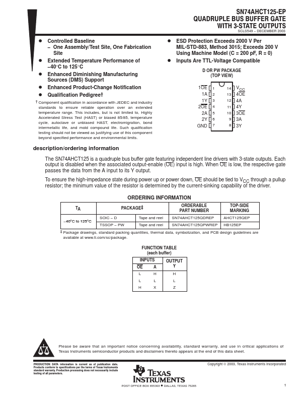 SN74AHCT125-EP