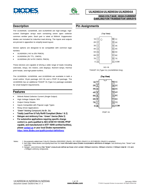 ULN2004A Datasheet PDF - DARLINGTON TRANSISTOR ARRAYS