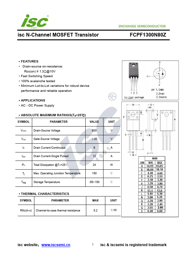 FCPF1300N80Z