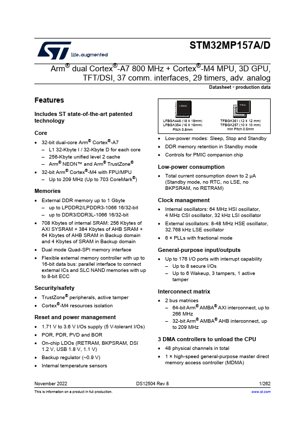 STM32MP157A Datasheet PDF - Arm dual Cortex-A7 650 MHz + Cortex-M4 MPU