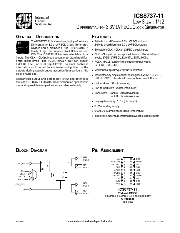 ICS873711 Datasheet CLOCK GENERATOR