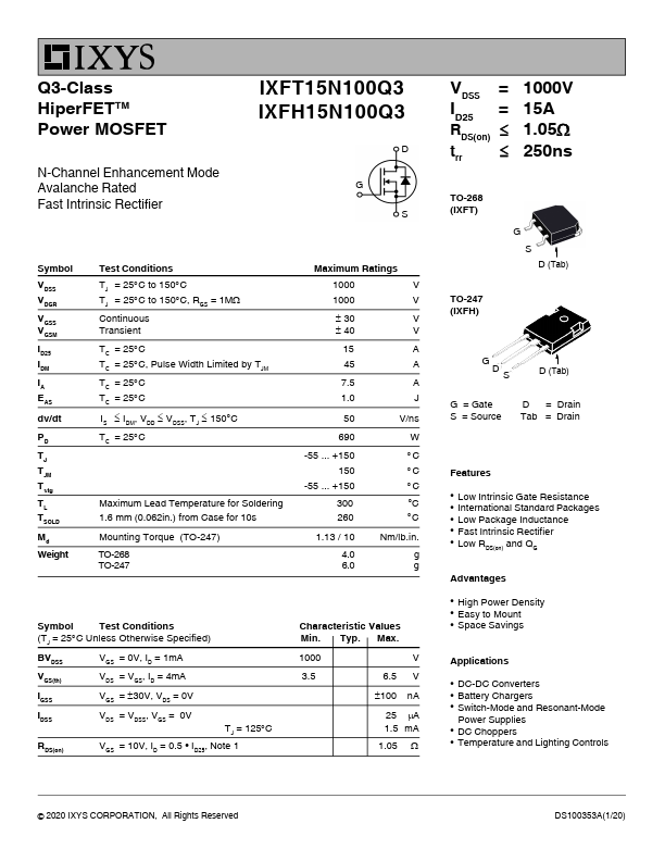 IXFT15N100Q3