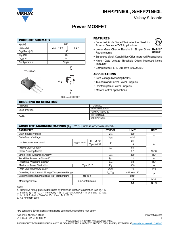 IRFP21N60L