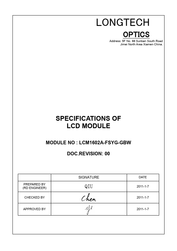 LCM1602A-FSYG-GBW