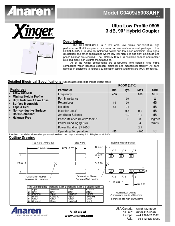 C0409J5003AHF Datasheet Ultra Low Profile 0805 Hybrid Coupler